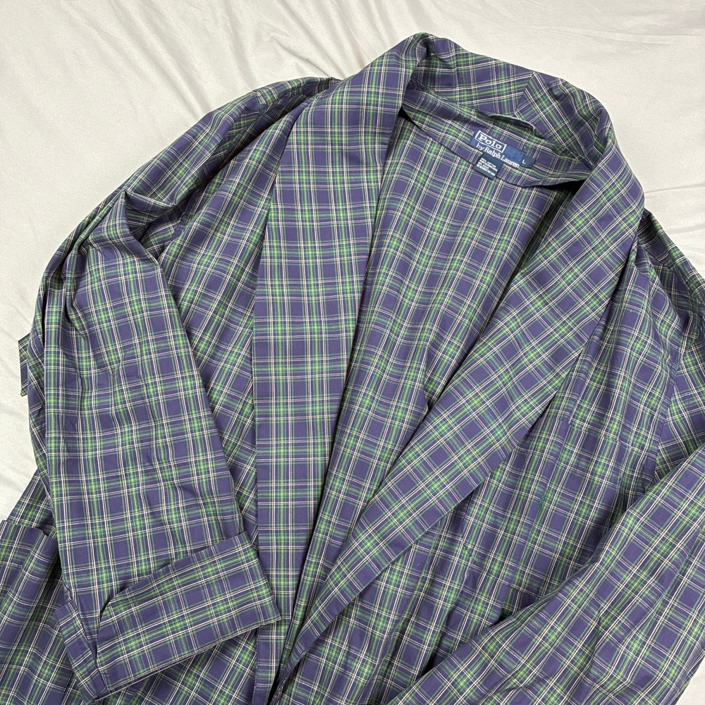 Polo Ralph Lauren Robe L Green Purple Plaid Cotton Shawl Collar Preppy Ivy